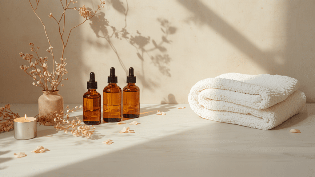 Rituel bien-être : flacons de soin, bougie et fleurs séchées
