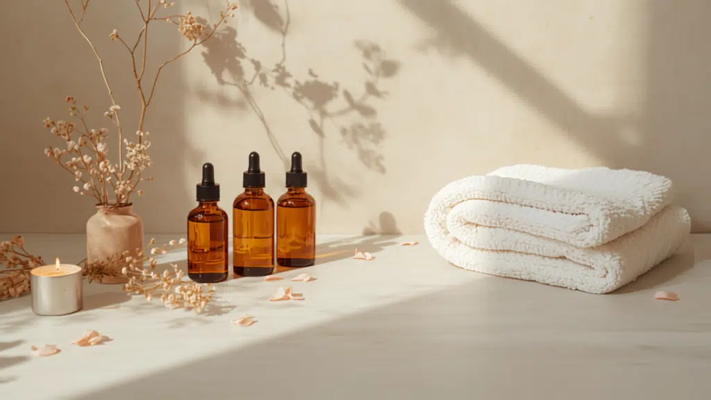 Rituel bien-être : flacons de soin, bougie et fleurs séchées