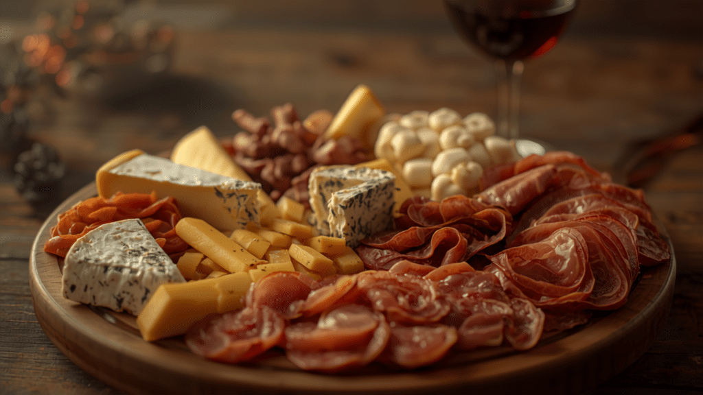 Plateau fromages charcuterie et verre Tentation Fromage de vin rouge