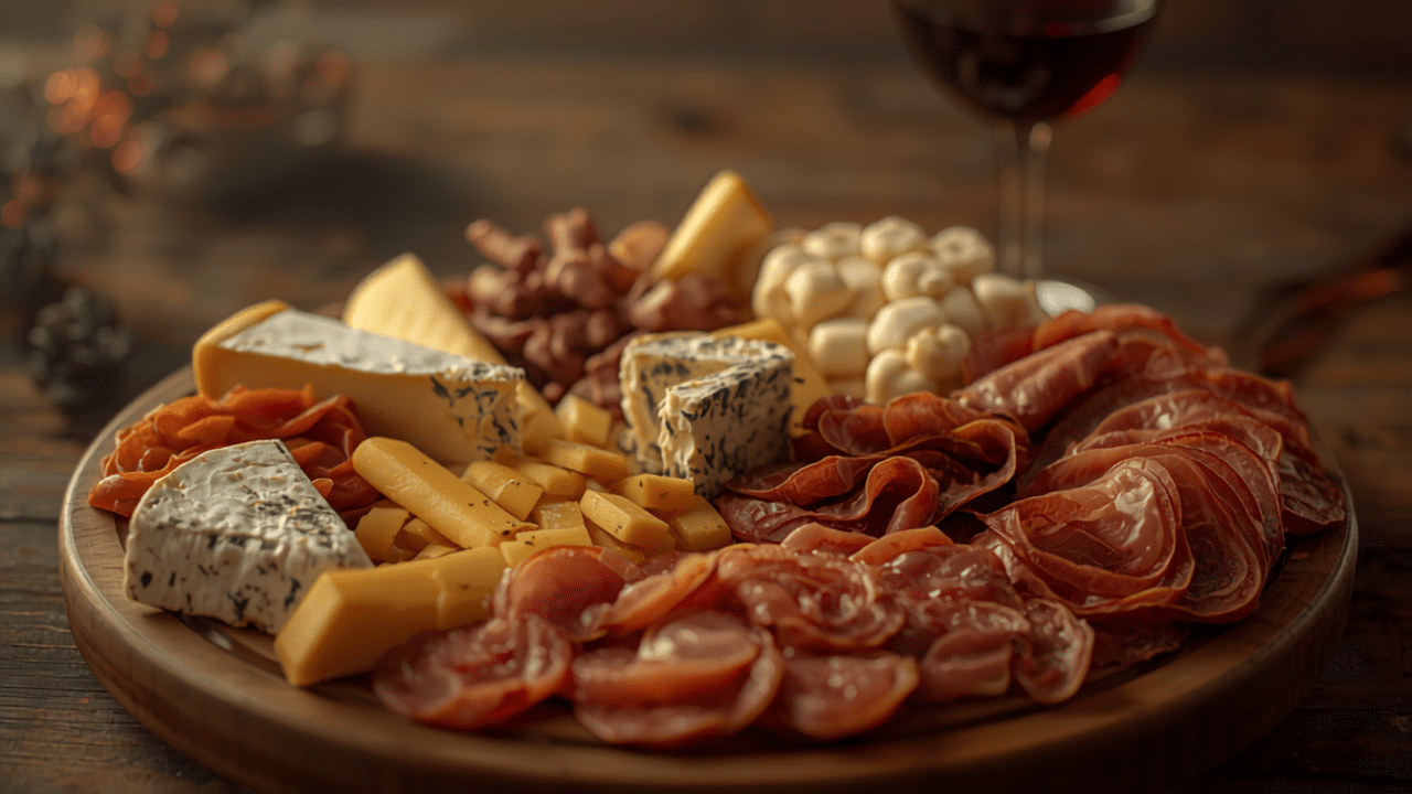 Plateau fromages charcuterie et verre de vin rouge