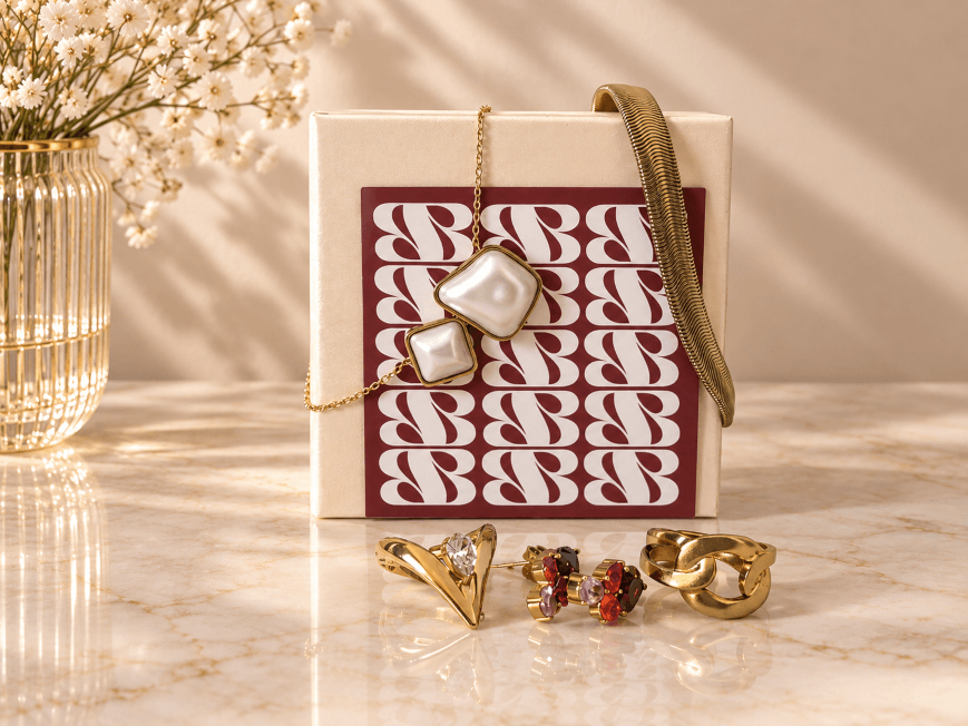 Coffret cadeau La Box Bijoux BB avec bague perle et bijoux dorés