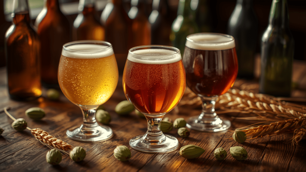 Bières artisanales en verres de dégustation sur une table en bois