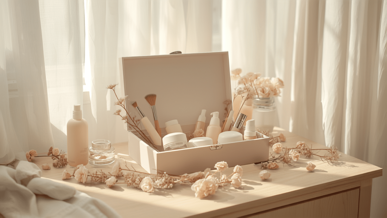 Box beauté ouverte avec produits cosmétiques et pinceaux passionnée de beauté