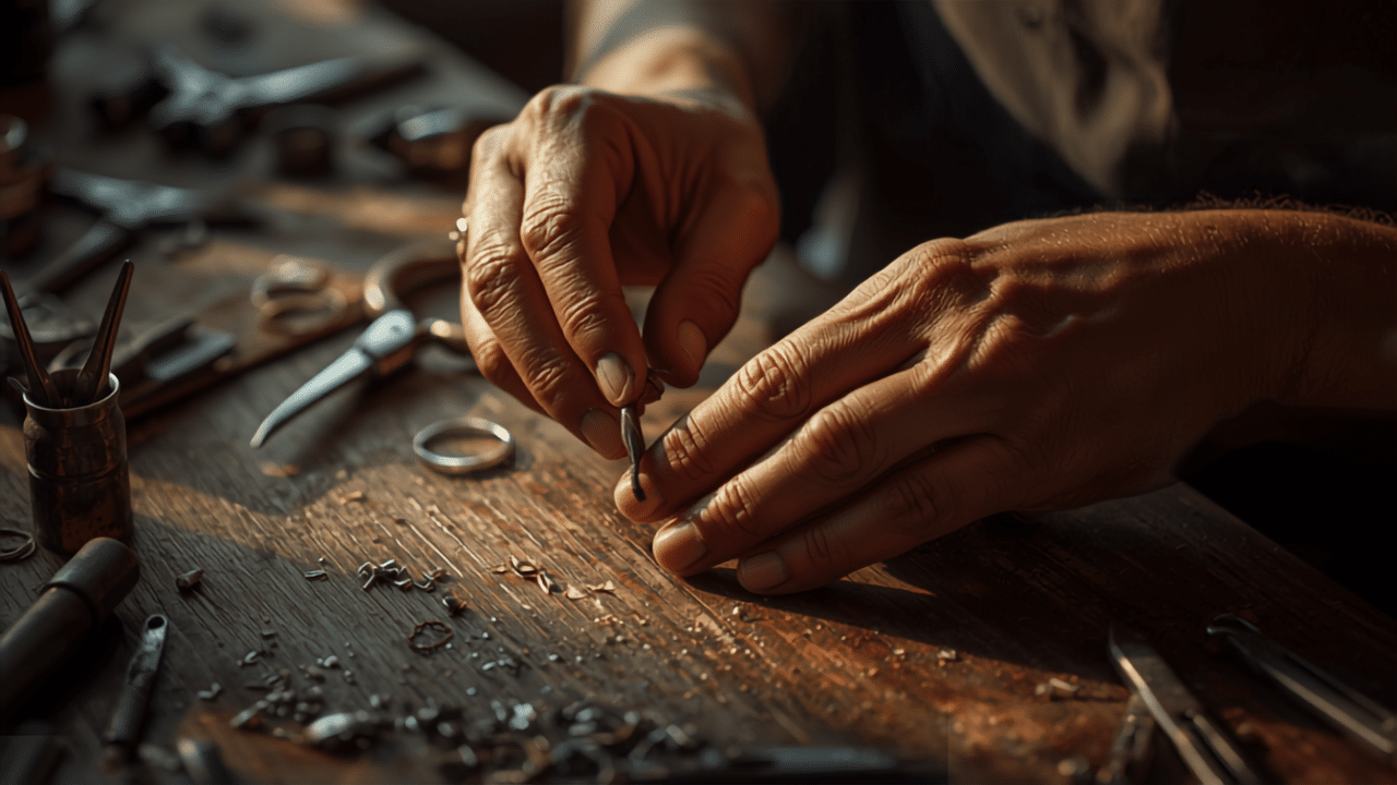 Atelier de création de bijoux mains d artisan façonnant une bague