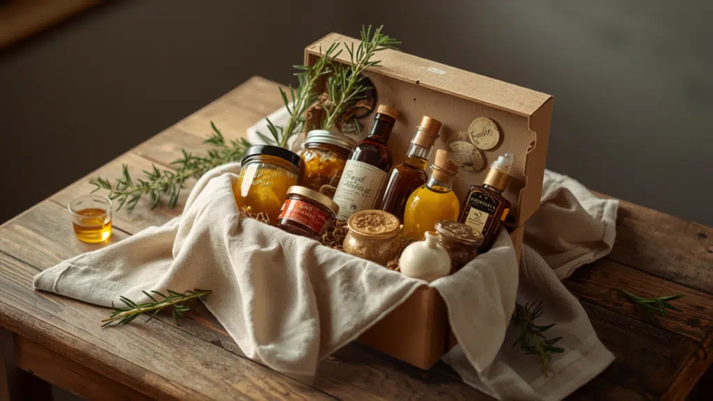 Coffret cadeau gourmand ouvert avec produits d’épicerie fine