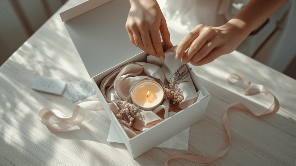 Coffret cadeau féminin ouvert avec soins, bougie et fleurs