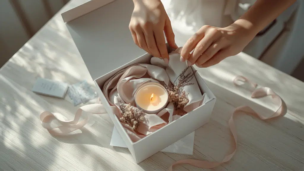 Coffret cadeau féminin ouvert avec soins, bougie et fleurs