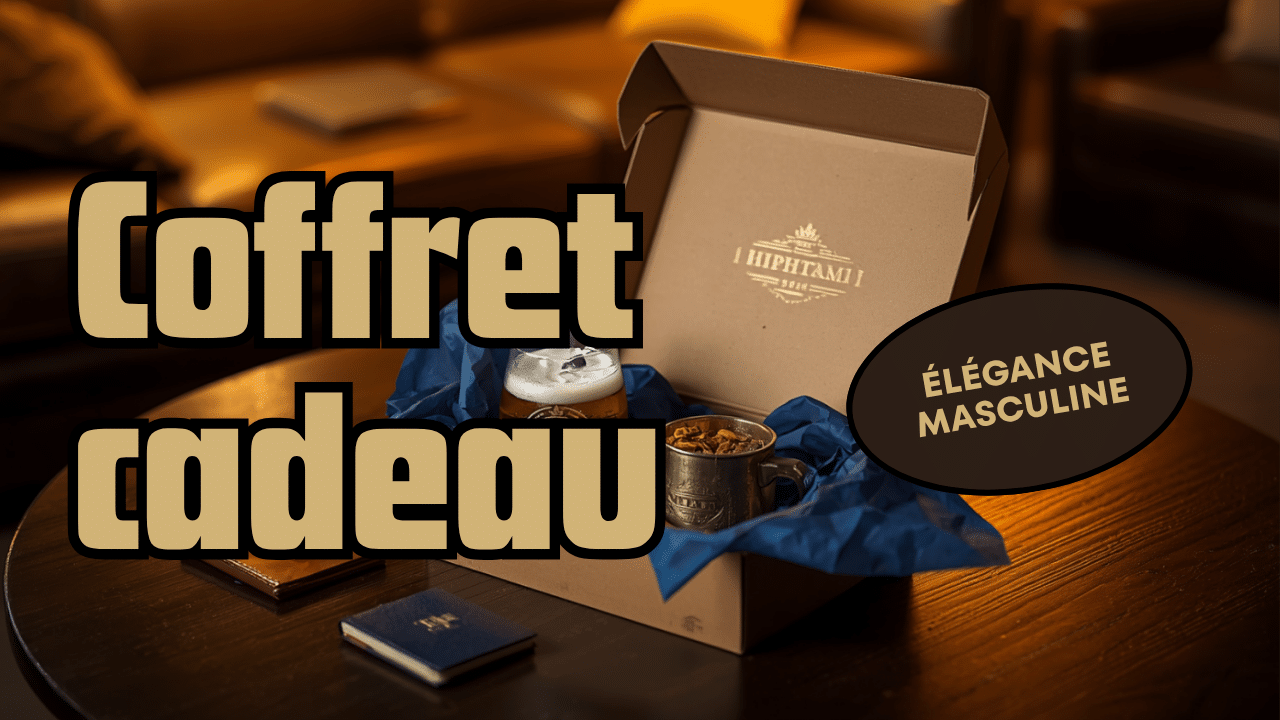 Coffret cadeau masculin ouvert avec bière, verre et accessoire en cuir