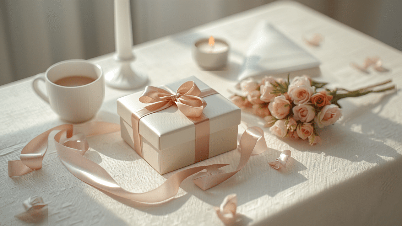 Cadeau d’amitié avec coffret enrubanné, fleurs et bougie