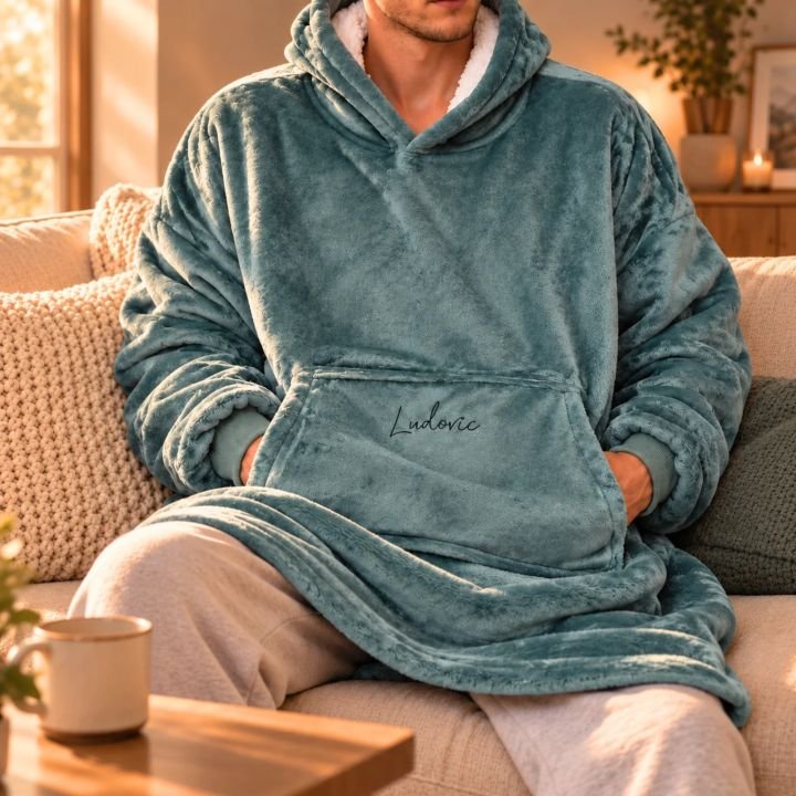 Plaid à capuche brodé d’un prénom, cadeau personnalisé CadoMaestro