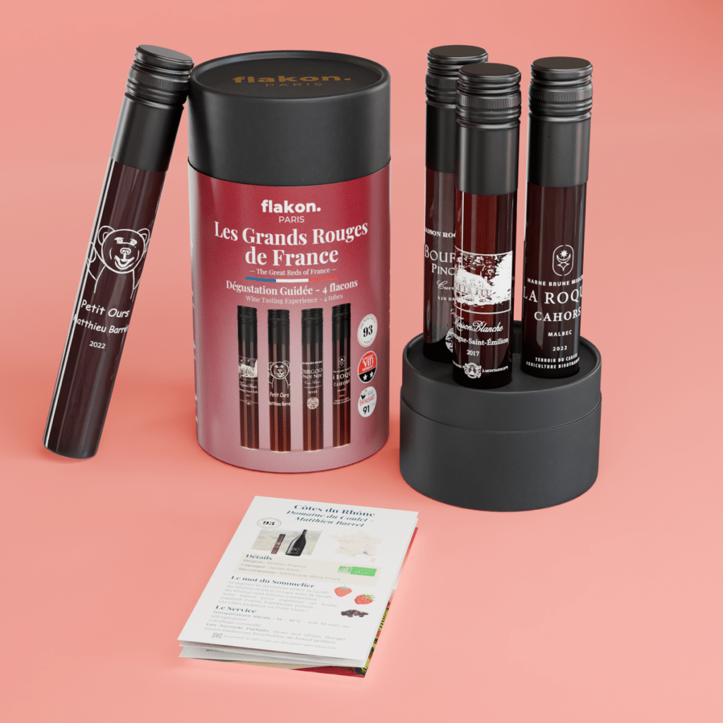 Coffret Flakon Les Grands Rouges de France ouvert avec ses flacons et son livret