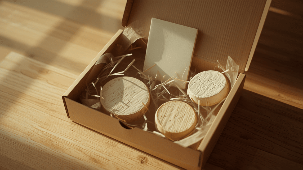Box fromage ouverte avec quatre fromages et carnet de dégustation