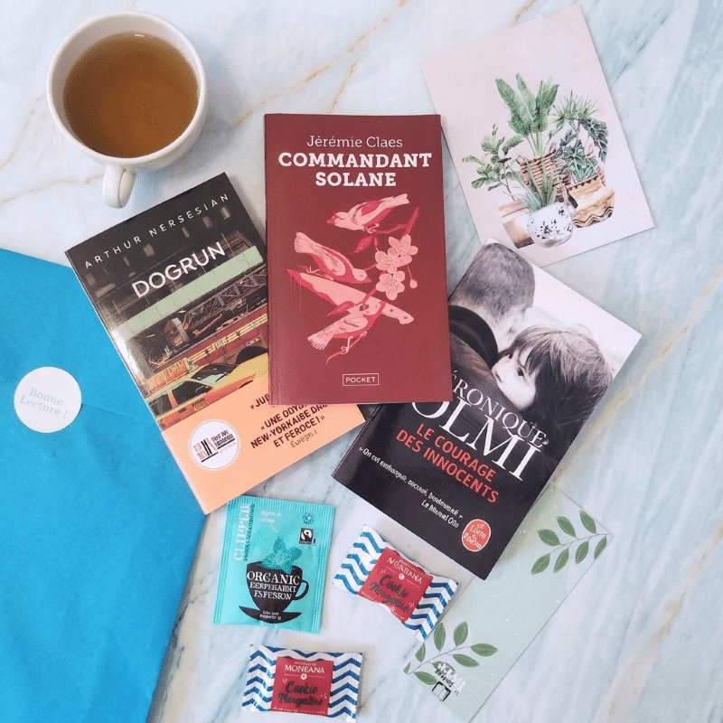 Box Le Facteur Livre format poche avec trois romans, thé et marque-page