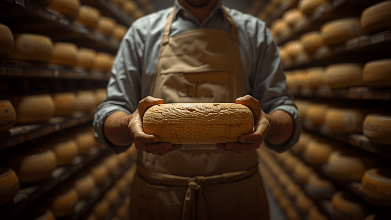 MaĂźtre affineur examinant une meule dans une cave d affinage
Tentation Fromage
