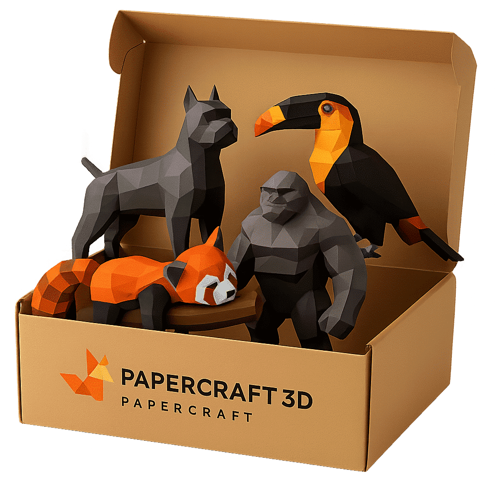 Box Animaux de Papercraft 3D avec toucan, gorille et panda roux en papier