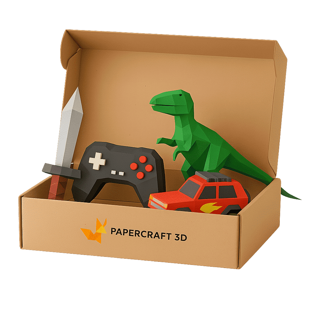 Box PaperTeens de Papercraft 3D avec manette, épée et dinosaure en papier