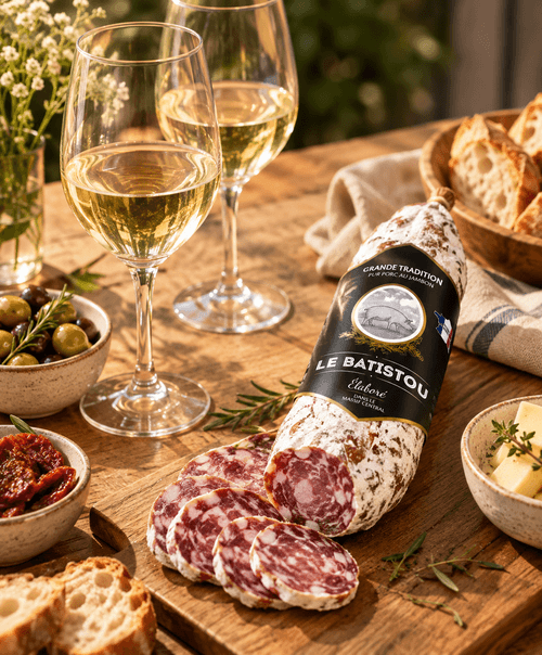Saucisson Le Batistou et vin blanc du coffret apéritif 18h15 d’octobre