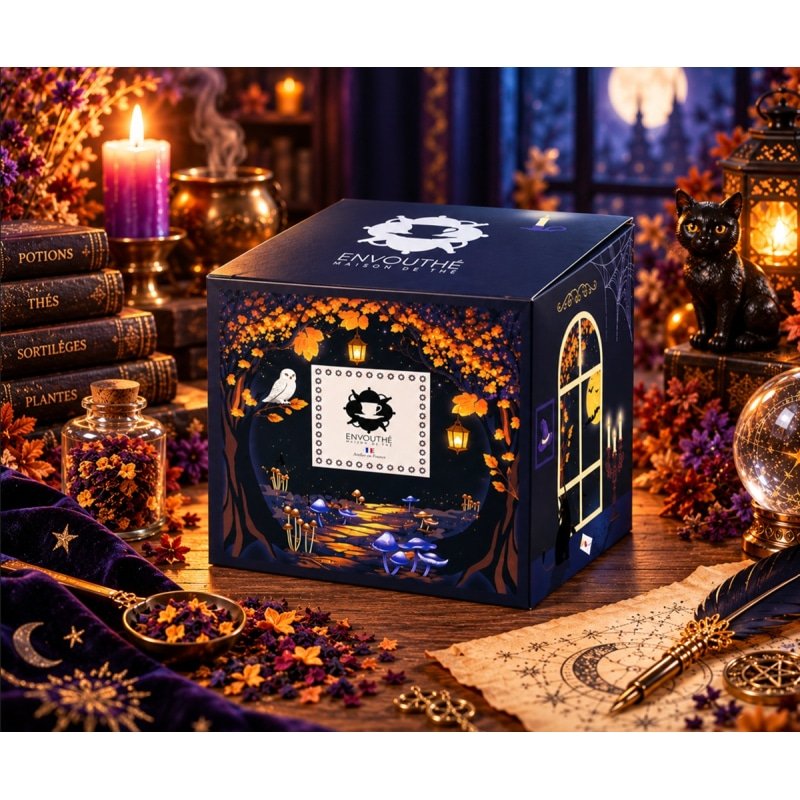 Coffret de thés Envouthé dans un décor nocturne et magique