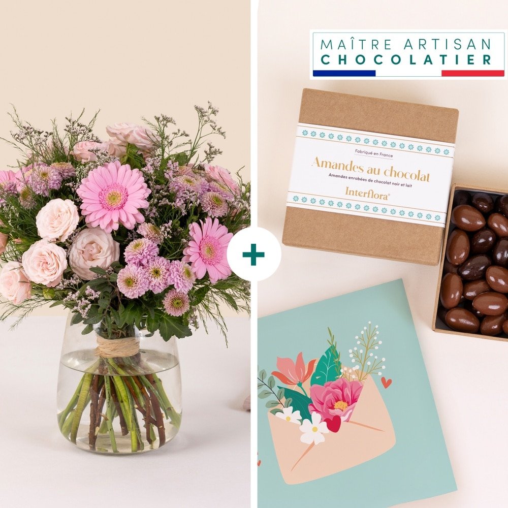 Coffret fleurs, chocolat et carte