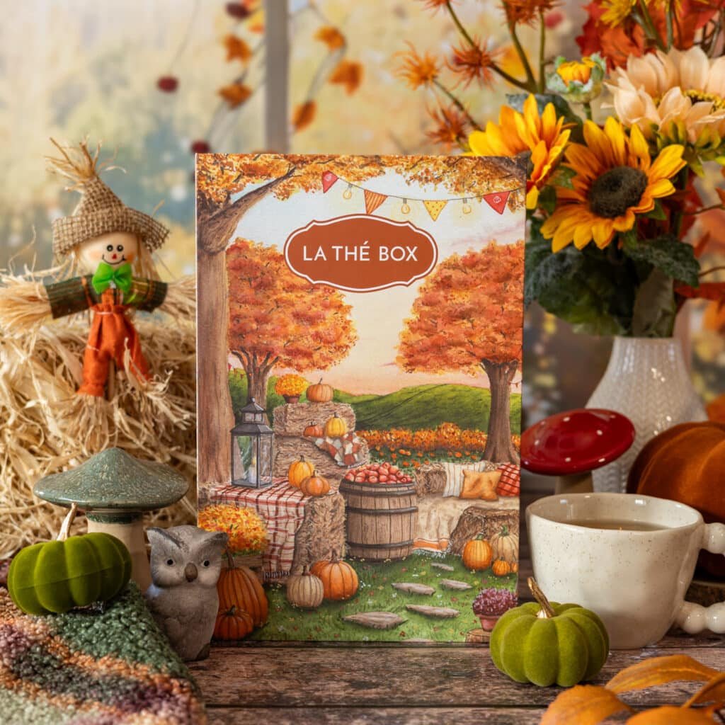 Coffret La Thé Box La Ferme des Citrouilles au décor automnal
