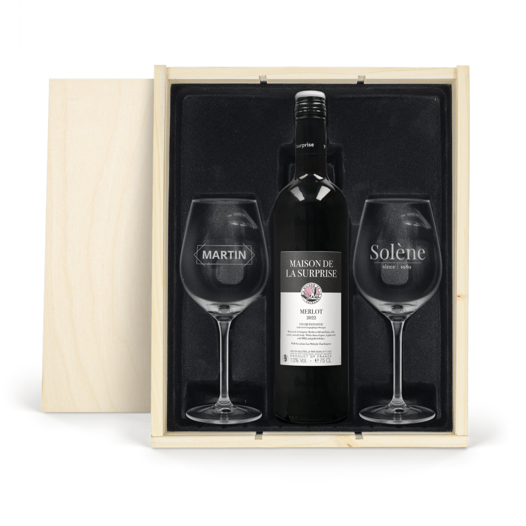 Coffret vin Merlot avec 2 verres gravés personnalisés