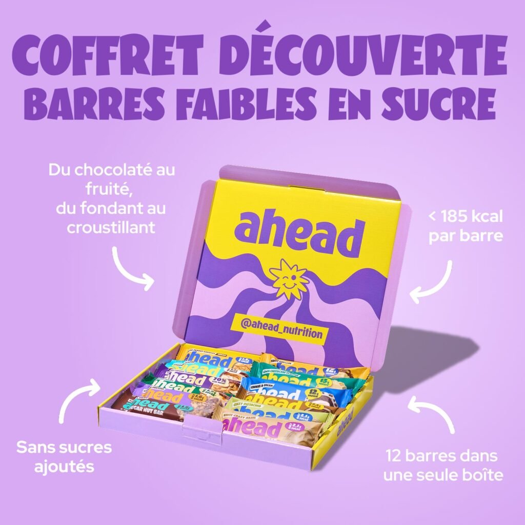 Coffret découverte ahead de 12 barres faibles en sucre, boîte ouverte