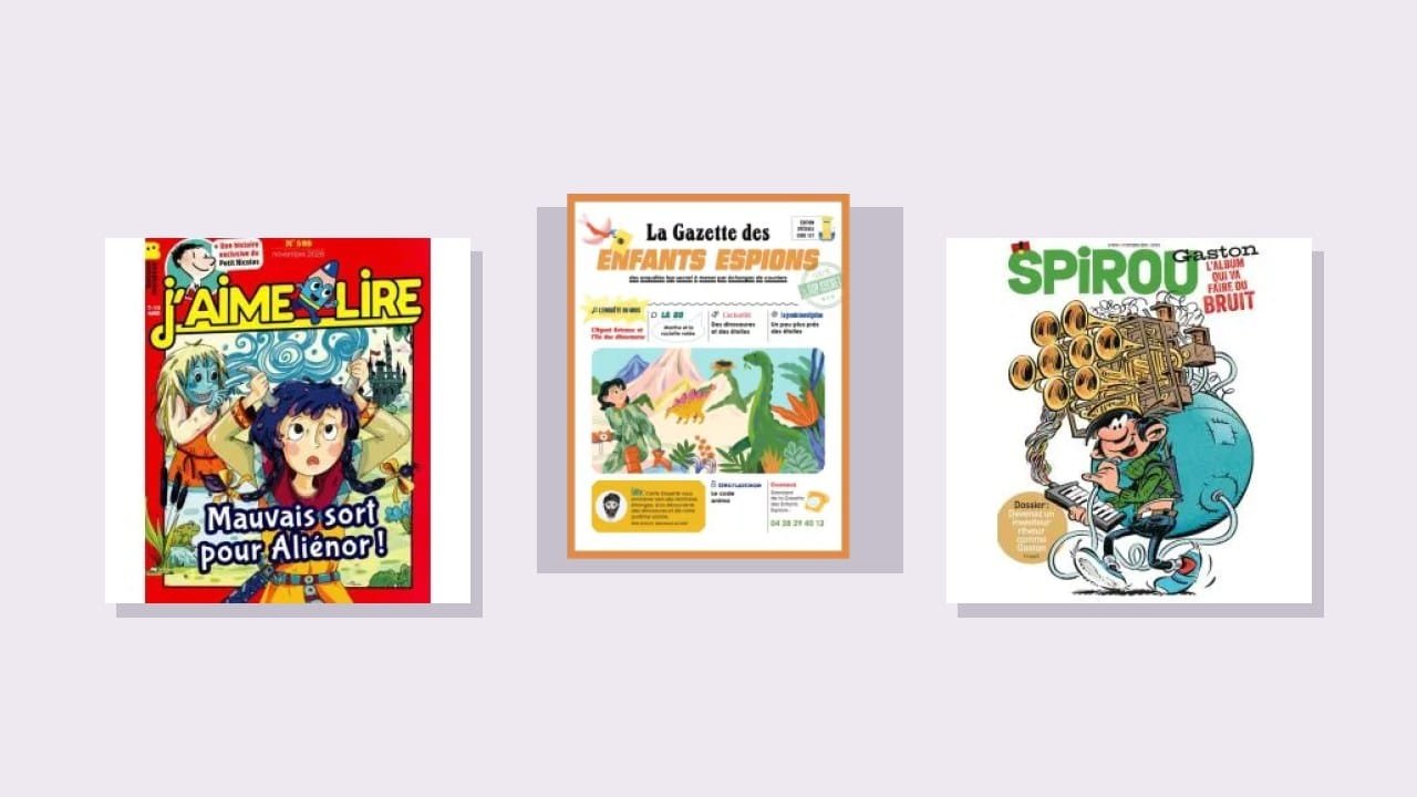 Magazines jeunesse à offrir en abonnement chez A2Presse : J’aime lire, La Gazette des Enfants Espions, Spirou