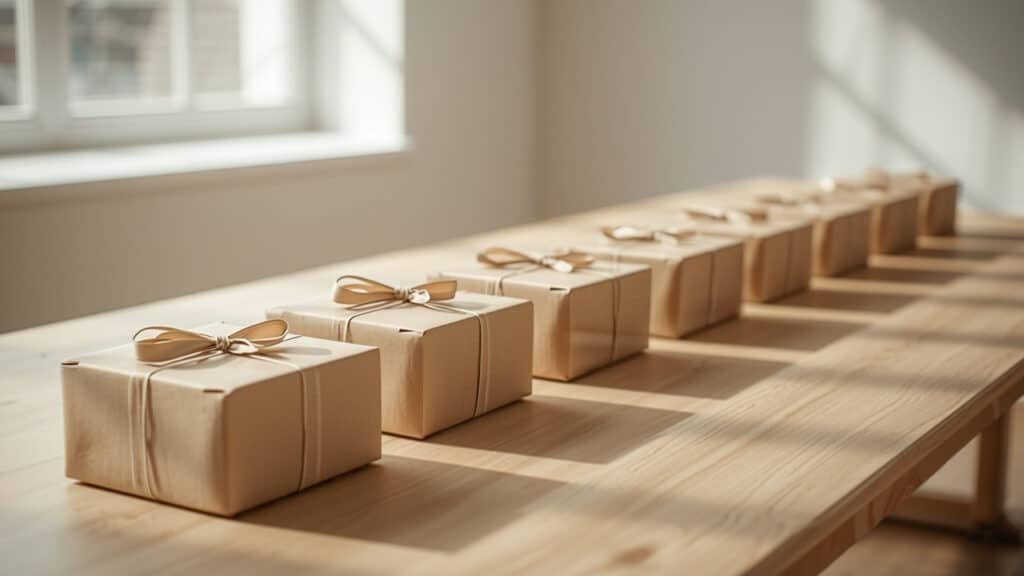 Coffrets cadeaux d’entreprise identiques alignés sur une table claire
