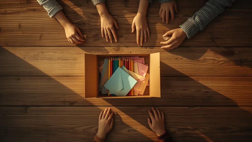 Box créative ouverte sur une table en bois, mains d’adultes et d’enfants autour