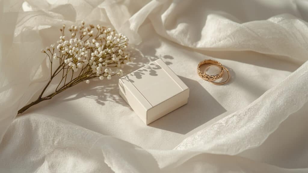 Coffret cadeau de mariage posé près d’alliances et de fleurs blanches