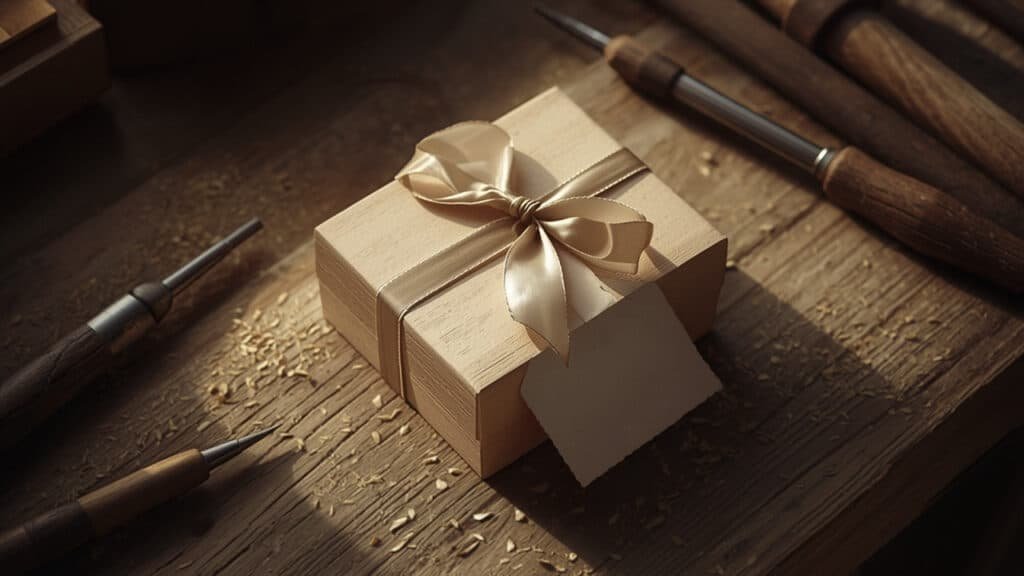 Coffret cadeau en bois avec ruban et étiquette vierge dans un atelier