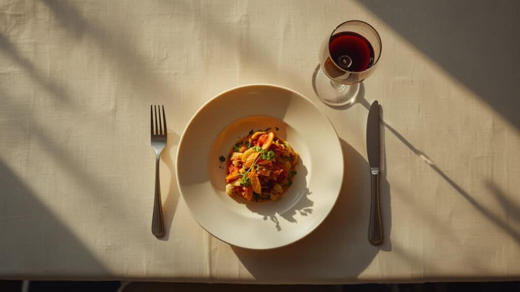 Table de restaurant dressée avec assiette gastronomique et verre de vin
