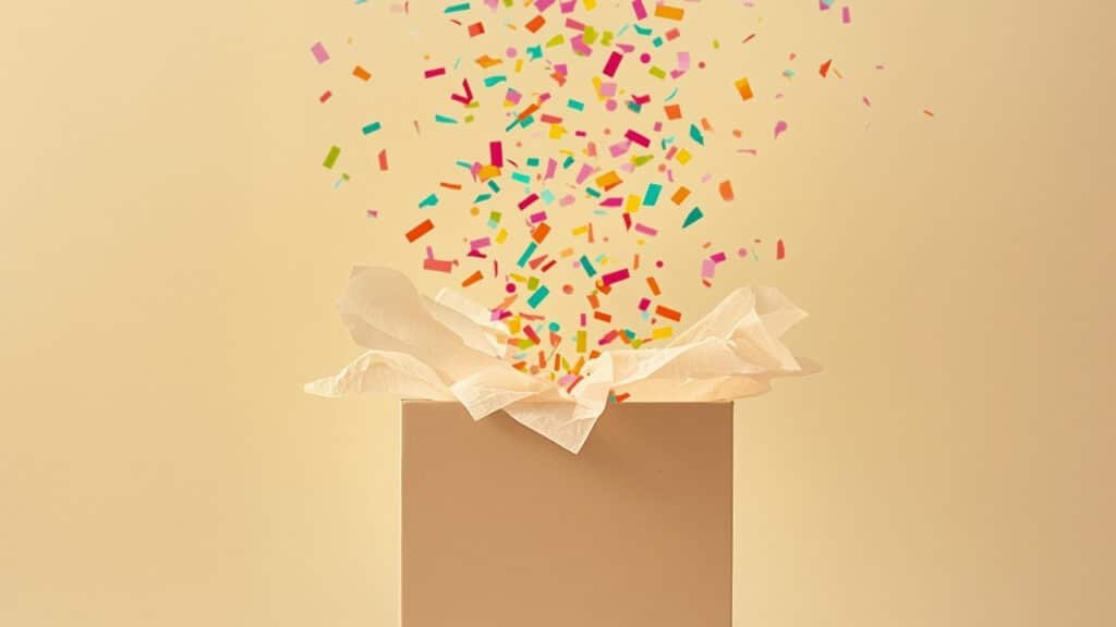 Box cadeau ouverte avec des confettis colorés en suspension
