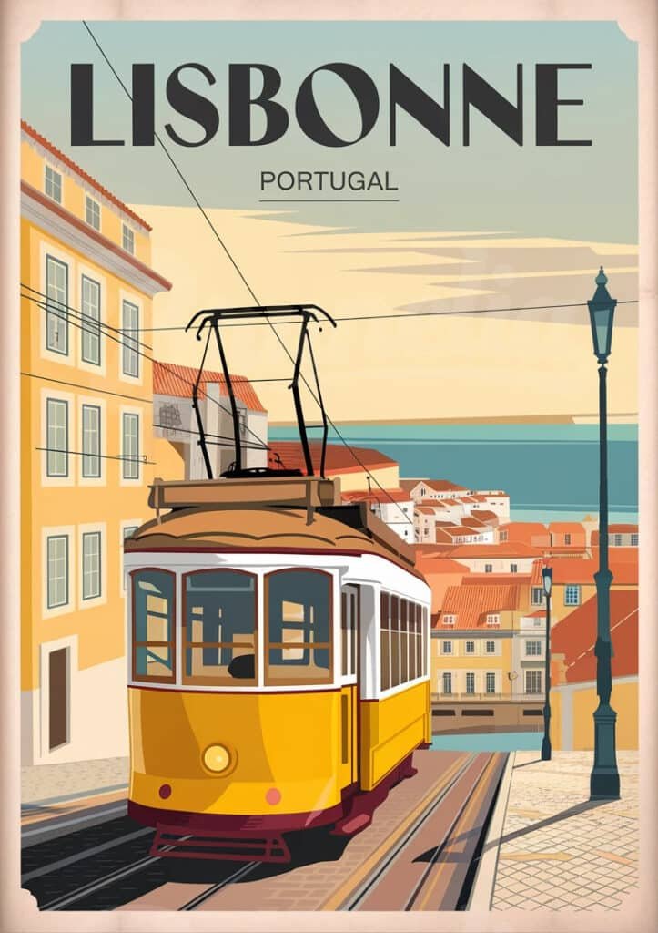 Affiche vintage Lisbonne tramway jaune Brunelia