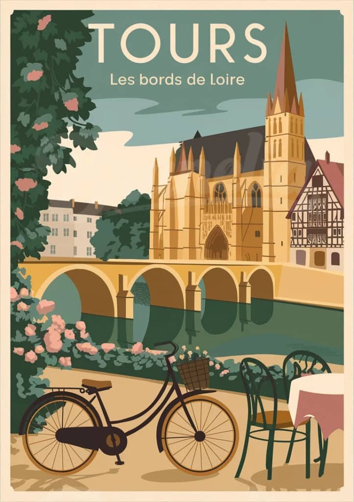 Affiche vintage Tours cathédrale et Loire Brunelia
