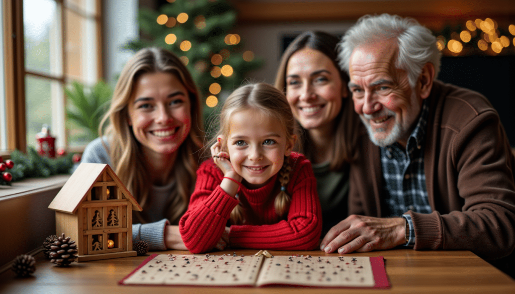 Trois générations réunies autour d’un calendrier de l’Avent en bois
