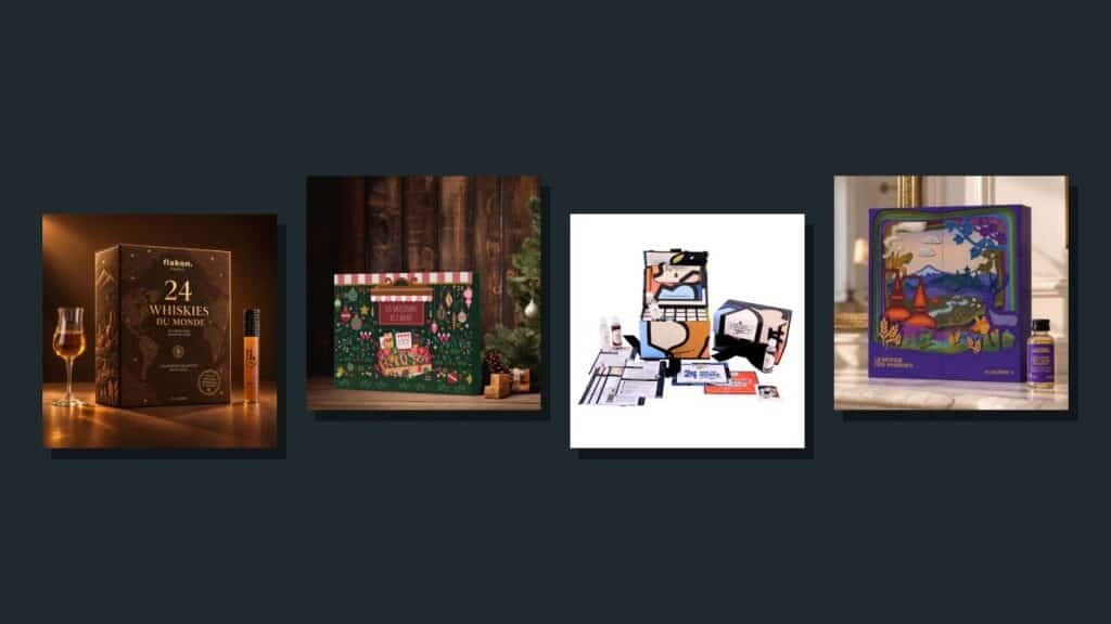 Quatre calendriers de l’Avent pour homme 2026 : whiskies Flakon, saucissons, gin du Club des Connaisseurs, whiskies des Raffineurs