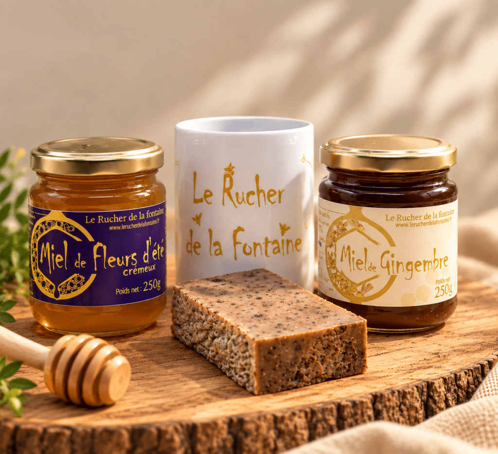 Coffret d’automne : miels, mug du Rucher et douceurs à la propolis