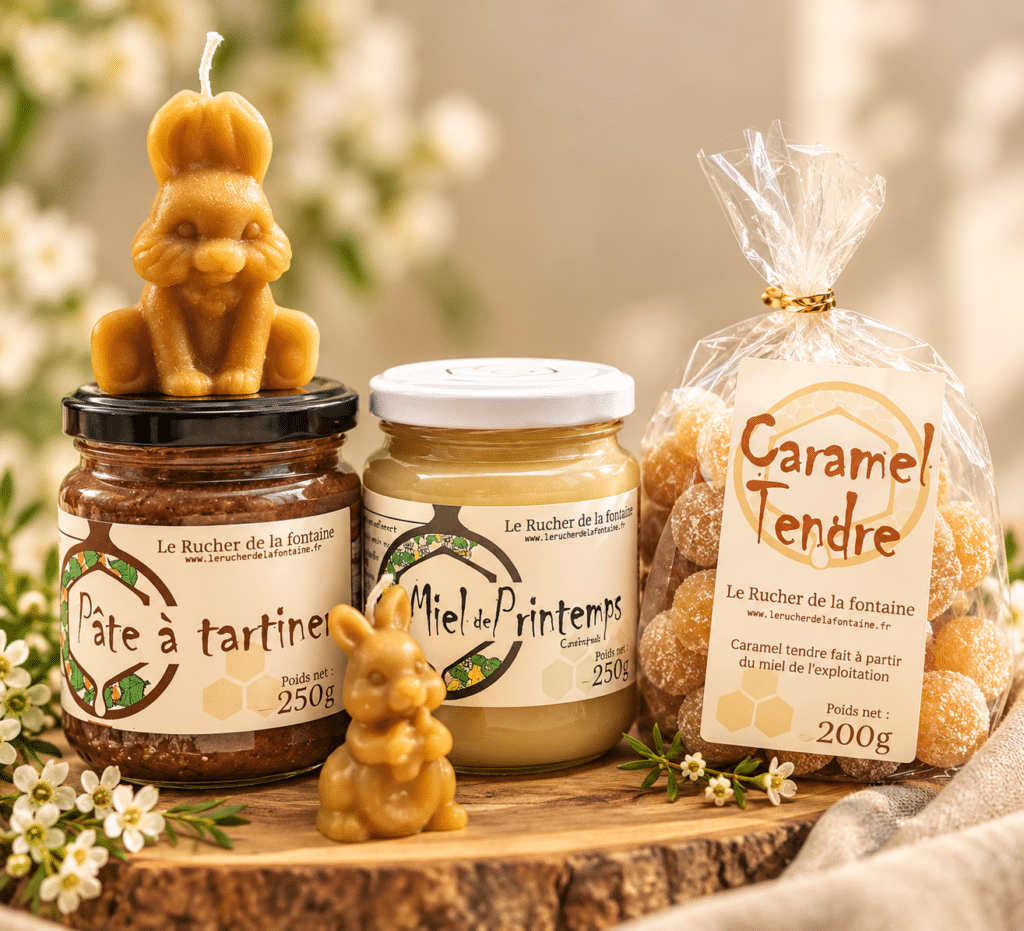 Coffret de printemps : miel de printemps, pâte miel-noisette, caramels et bougie