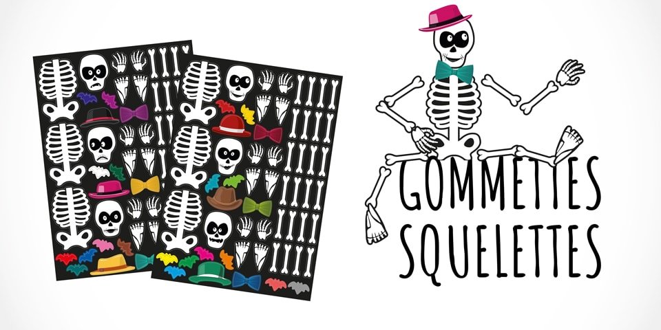 Planches de gommettes squelettes de la box Créabul Halloween 2026