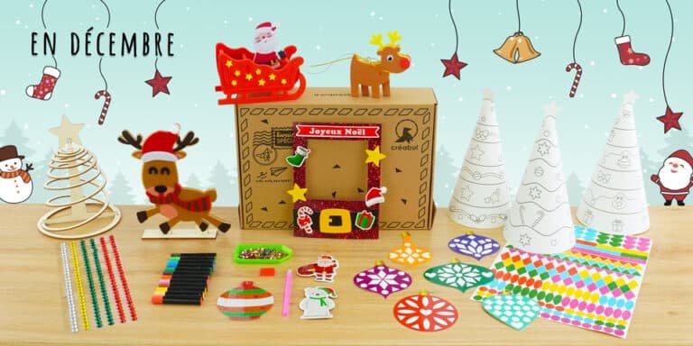 Contenu de la box Créabul de Noël 2025 : sapin spirale, traîneau, boules à décorer