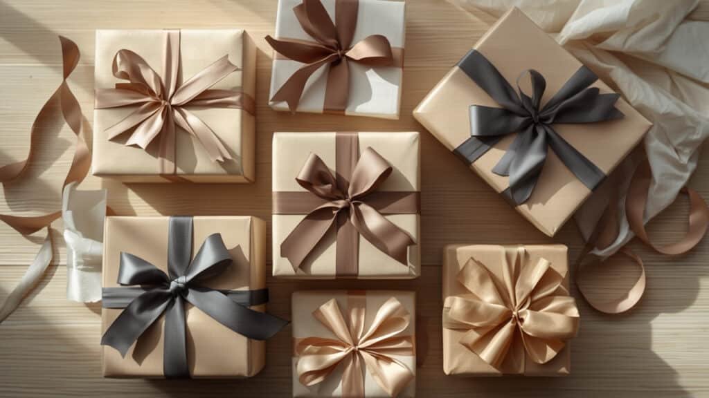 Plusieurs coffrets cadeaux assortis vus du dessus sur une table claire
