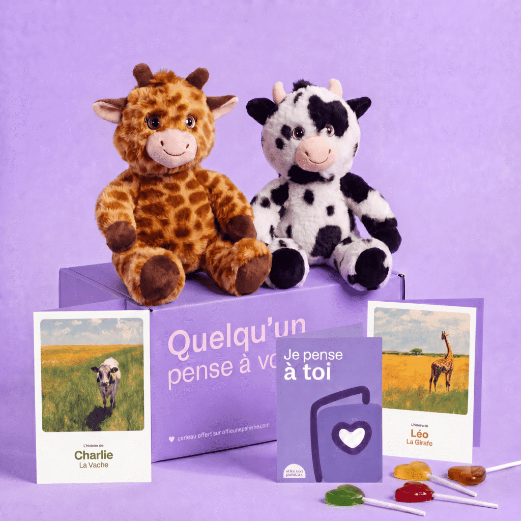 Box Duo Offre une Peluche avec girafe et vache en peluche