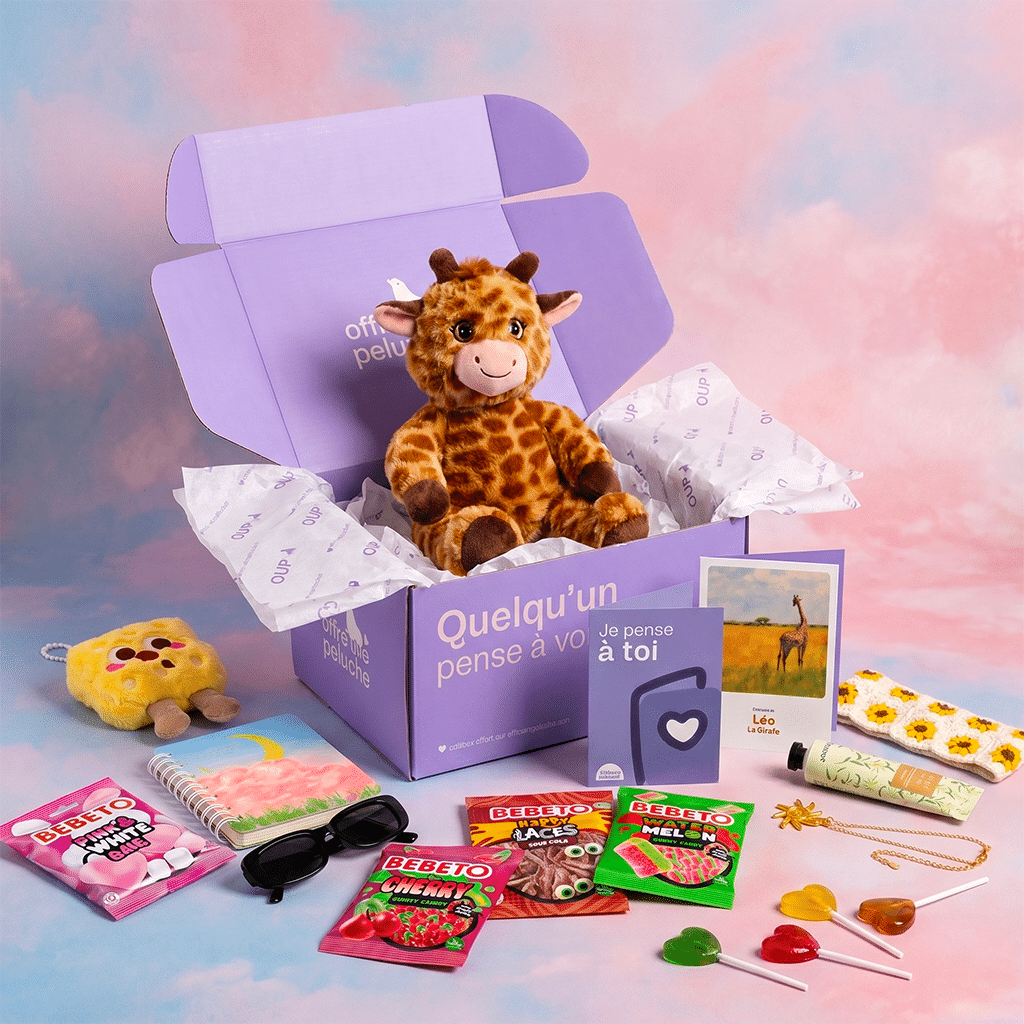 Box Offre une Peluche avec Léo la girafe, carte et bonbons