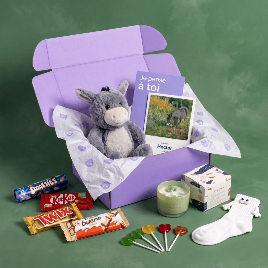 Box Offre une Peluche avec âne en peluche, bougie, chocolats et sucettes